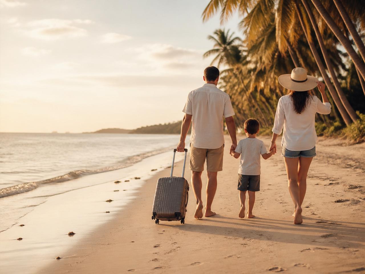Família caminhando na praia ao pôr do sol com mala de viagem